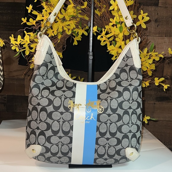 Coach Handbags - Coach Heritage Striped Bag #13193 Gray White Blue Leather Hobo Handbag Purse